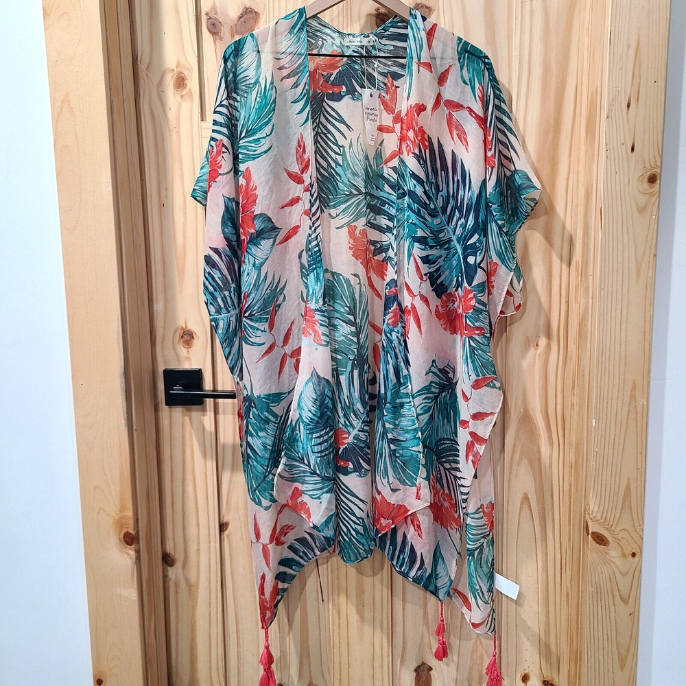 NWT Moss Rose Semi Sheer Kimono Cardigan Beach Cover Up Boho Tropical One Size